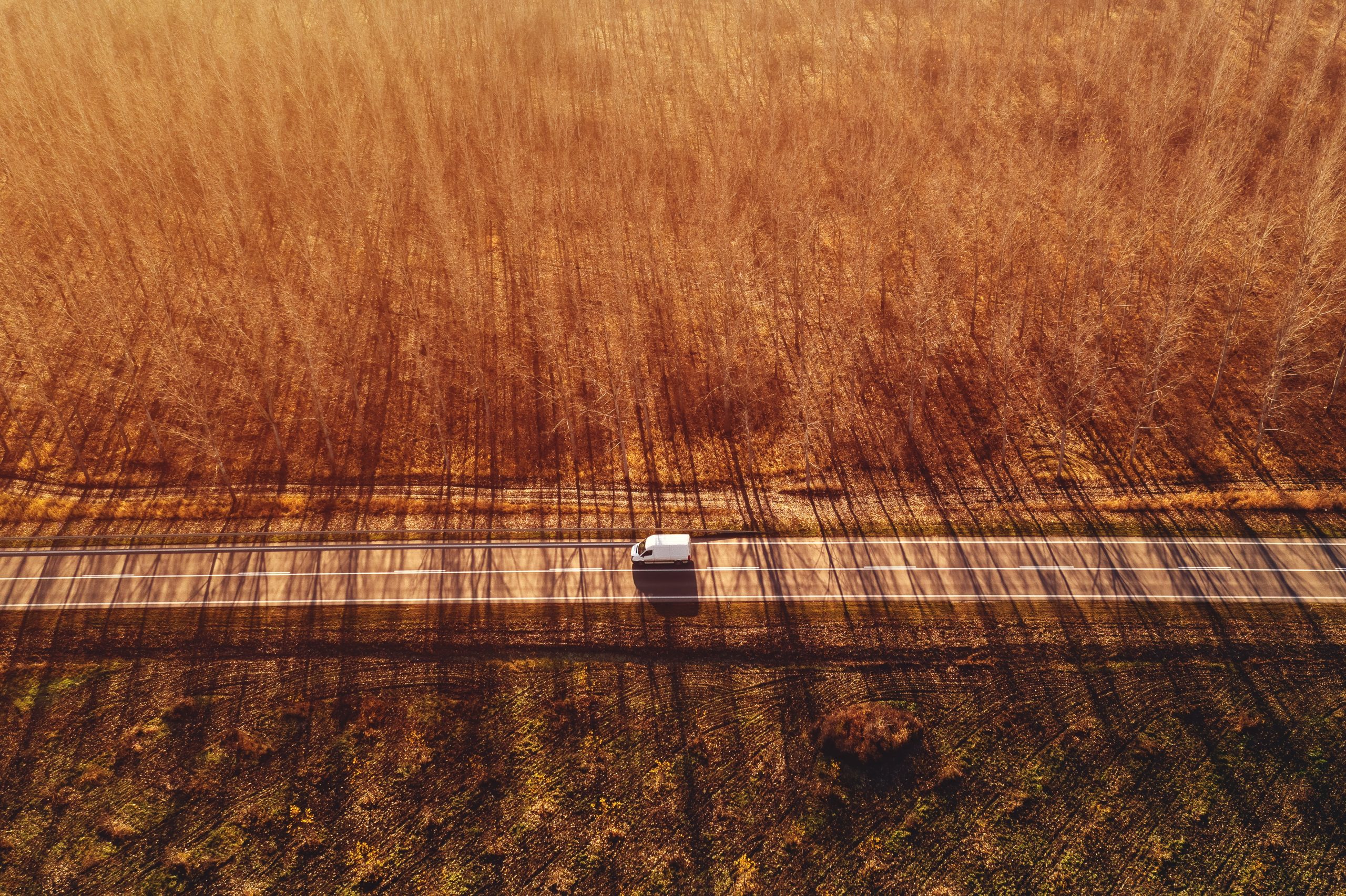 Aerial view of van on the road through wooded autumn landscape, drone photography